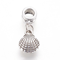 Antique Silver Alloy European Dangle Charms, Large Hole Pendants, with Iron Ring, Shell, Antique Silver, 25.5mm, Hole: 5mm, 13x10x3mm