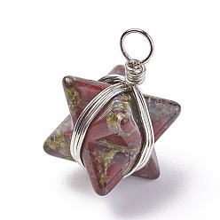Dragon Blood Natural Dragon Blood Stone Pendants, with Brass Findings, Merkaba Star, Platinum, 24~27x17x17mm, Hole: 3.5~4mm