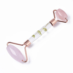 Rose Gold Natural Rose Quartz Massage Tools, Facial Rollers, with K9 Glass & Dried Flower Handle & Zinc Alloy Findings, Rose Gold, 145x57x20.5mm
