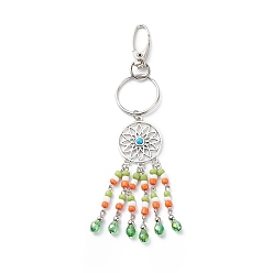 Coloré Porte-clés pendentif filet/toile tissée, porte-clés en perles de verre, avec les accessoires en fer, colorées, 14 cm