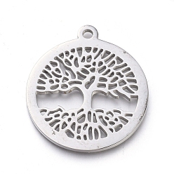 Stainless Steel Color 304 Stainless Steel Pendants, Manual Polishing, Flat Round with Tree of Life, Stainless Steel Color, 28.5x25.5x1.2mm, Hole: 2mm