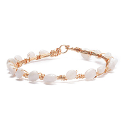 White Moonstone Bracelet de perles tressées en pierre de lune blanche naturelle, bijoux en pierres précieuses en fil de cuivre pour femmes, or et de lumière, 8-1/8 pouce (20.6 cm)