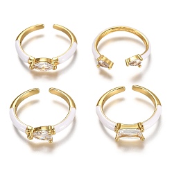 White Brass Enamel Cuff Rings, Open Rings, with Clear Cubic Zirconia, Mixed Shapes, Real 18K Gold Plated, Long-Lasting Plated, White, US Size 6, Inner Diameter: 17mm