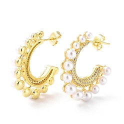 Real 18K Gold Plated Clear Cubic Zirconia C-shape Stud Earrings with ABS Plastic Pearl Beaded, Brass Half Hoop Earrings for Women, Real 18K Gold Plated, 30x28.5x6mm, Pin: 0.8mm