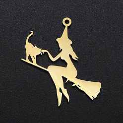 Golden Halloween 201 Stainless Steel Pendants, Laser Cut, Witch with Cat, Golden, 40x36x1mm, Hole: 1.8mm