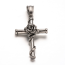 Antique Silver 304 Stainless Steel Gothic Pendants, Cross with Flower, Antique Silver, 40.5x25.5x8mm, Hole: 9x5mm