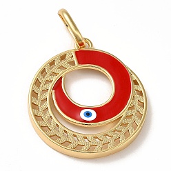 Red Brass Pendants, with Enamel, Real 18K Gold Plated, Long-Lasting Plated, Round Ring with Evil Eye Charm, Red, 36.5x32.5x3.5mm, Hole: 11x7.5mm