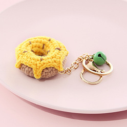 Donut Вязаный крючком пищевой брелок из хлопка, с железными кольцами для ключей, застежками-карабинами и колокольчиком, пончик, 13x4.8 см