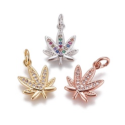 Mixed Color Brass Micro Pave Cubic Zirconia Charms, Pot Leaf/Hemp Leaf, Mixed Color, 15x11.5x1.5mm, Hole: 3mm