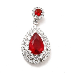 Red Brass Micro Pave Clear Cubic Zirconia Pendants, with Faceted Glass, Teardrop, Real Platinum Plated, Red, 32.5mm, Hole: 3.5x2.5mm