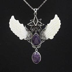 Amethyst Natural Amethyst Angel Wing Big Pendants, Star Charms with Shell Wing, Antique Silver, 85x75x25mm