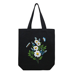 White DIY Flower Pattern Black Canvas Tote Bag Embroidery Kit, including Embroidery Needles & Thread, Cotton Fabric, Plastic Embroidery Hoop, White, 390x340x100mm