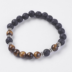 Mixed Stone Natural Lava Rock Beads Stretch Bracelets, with Tiger Eye and Alloy Finding, 2-1/8 inch(55mm)