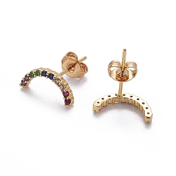 Real 18K Gold Plated Brass Micro Pave Cubic Zirconia Stud Crawler Earrings, Climber Earrings, with Brass Ear Nuts, Moon, Colorful, Real 18K Gold Plated, 12x6x2mm, Pin: 0.7mm