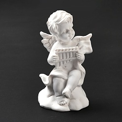 Blanco Esculturas de resina imitación yeso, figuritas, decoraciones de exhibición casera, ángel con flauta, blanco, 36x36.5x65 mm