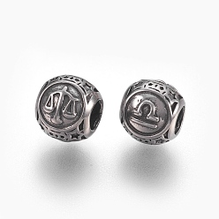 Antique Silver 316 Surgical Stainless Steel European Beads, Large Hole Beads, Rondelle with Constellations Libra, Antique Silver, 10x9mm, Hole: 4mm