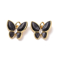 Black Butterfly Brass Micro Pave Clear Cubic Zirconia Pendants, with Cat Eye, with Jump Rings, Cadmium Free & Lead Free, Real 18K Gold Plated, Black, 15.5x17.5x4mm, Hole: 3.2mm