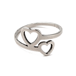 Stainless Steel Color 201 Stainless Steel Double Heart Finger Ring for Valentine's Day, Stainless Steel Color, US Size 6 1/2(16.9mm)
