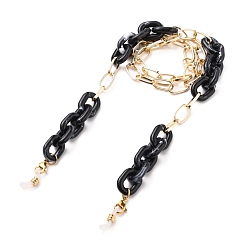 Black Eyeglasses Chains, Neck Strap for Eyeglasses, with Aluminium & Acrylic Paperclip Chains, 304 Stainless Steel Lobster Claw Clasps and Rubber Loop Ends, Light Gold, Black, 28.15 inch(71.5cm)