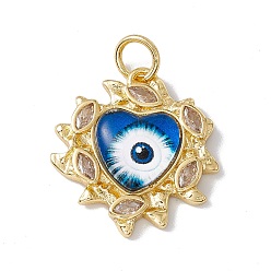 Royal Blue Brass Micro Pave Clear Cubic Zirconia Pendants, with Resin and Jump Rings, Lead Free & Cadmium Free, Heart with Eye Charm, Real 18K Gold Plated, Royal Blue, 21.5x20x4.5mm, Hole: 4mm