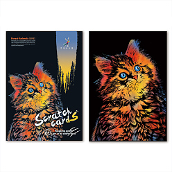 Cat Shape Papier d'art peinture arc-en-ciel à gratter, tableau à gratter bricolage avec carte en papier et bâtons, Motif de chat, 40.5x28.5 cm, 2 pièces / kit