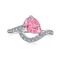Pink Real Platinum Plated Rhodium Plated 925 Sterling Silver Birthstone Rings, Cubic Zirconia Teardrop Finger Ring, Pink, 1.8mm,US Size 7(17.3mm)