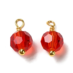 Red Glass Charms, with Real 18K Gold Plated Brass Loop, Faceted Round Charm, Red, 11.5x6mm, Hole: 1.4mm