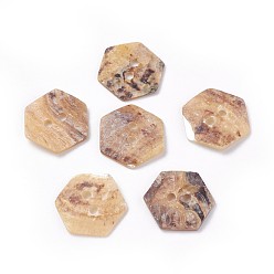 BurlyWood Botones de concha de agua dulce, hexágono, 2 agujero, burlywood, 13~13.5x15~15.5x1~2 mm, agujero: 1.6 mm