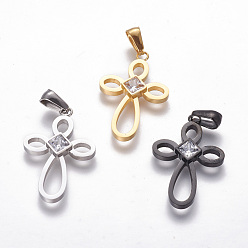 Mixed Color 304 Stainless Steel Pendants, with Rhinestone, Cross, Crystal, Mixed Color, 29x18x2mm, Hole: 3x6mm