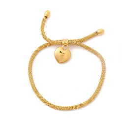 Золотой Вакуумное покрытие 304 браслет из нержавеющей стали с подвеской в форме сердца и круглой сетчатой цепочкой для женщин, золотые, внутренний диаметр: 3/8~3-1/8 дюйм (0.9~7.9 см)