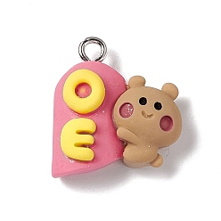 BurlyWood Opaque Resin Pandents, Platinum, Bear Charms with Letter OE Pattern, BurlyWood, 19.5x17x7mm, Hole: 2mm