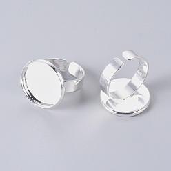 Plata Componentes de anillos de dedo de latón ajustable, fornituras base de anillo almohadilla, plano y redondo, el color plateado de plata, 17 mm, bandeja: 18 mm