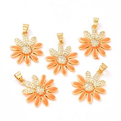 Orange Real 18K Gold Plated Brass Micro Pave Cubic Zirconia Pendants, with Enamel, Long-Lasting Plated, Flower, Orange, 22.5x19.5x3.5mm, Hole: 3.5x4mm