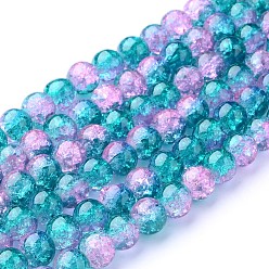 Dark Cyan Spray Painted Crackle Glass Beads Strands, Round, Two Tone, Dark Cyan, 10mm, Hole: 1.3~1.6mm, about 80pcs/strand, 31.4 inch