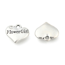 Crystal Wedding Party Supply Antique Silver Alloy Rhinestone Heart Carved Word Flower Girl Wedding Family Charms, Cadmium Free & Lead Free, Crystal, 13.5x16x3mm, Hole: 2.5mm