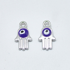 Blue Platinum Plated Alloy Charms, with Enamel, Religion, Hamsa Hand/Hand of Fatima /Hand of Miriam with Evil Eye, Blue, 14.5x8x2.5mm, Hole: 1.8mm