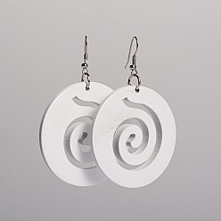 White Flat Round Circled Wood Dangle Earrings, with Platinum Plated Iron Earring Hooks, White, 71x50mm, Pin: 0.8mm