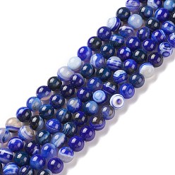 Medium Blue Natural Striped Agate/Banded Agate Beads Strands, Dyed & Heated, Round, Medium Blue, 12mm, Hole: 1.2mm, about 33pcs/strand, 14.96 inch(38cm)