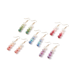 Mixed Color Glass Pearl Dangle Earrings, Gold Plated Brass Wire Wrap Jewelry for Women, Mixed Color, 58mm, Pin: 0.8mm