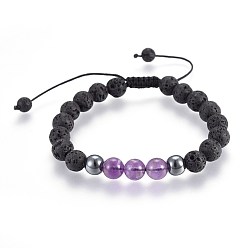 Amethyst Natural Lava Rock and Non-Magnetic Synthetic Hematite Beads Braided Bead Bracelets, with Natural Amethyst, 2-1/8 inch~3 inch(5.3~7.8cm)