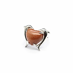 Goldstone Synthetic Goldstone Heart Adjustable Rings, Platinum Brass Ring, US Size 8(18.1mm)