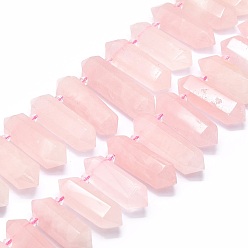 Rose Quartz Natural Rose Quartz Beads Strands, Faceted, Double Terminated Pointed/Bullet, 25~63x13~16x11~13.5mm, Hole: 1.6mm, about 21~22pcs/strand, 15.55 inch(39.5cm)