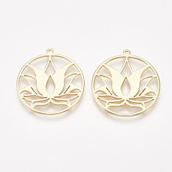 Real 18K Gold Plated Brass Pendants, Ring with Lotus Flower, Nickel Free, Real 18K Gold Plated, 27x25x1mm, Hole: 1mm