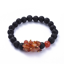Carnelian Natural Lava Rock Round Beads Stretch Bracelets, with Natural Carnelian(Dyed & Heated) Chips and Brass Beads, Golden, Inner Diameter: 2 inch(5cm)