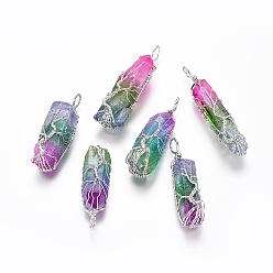 Colorful Electroplate Natural Quartz Crystal Big Wire Wrapped Pendants, with Brass Findings, Bullet, Platinum, Colorful, 45~77x12~22x10~20mm, Hole: 4~7mm