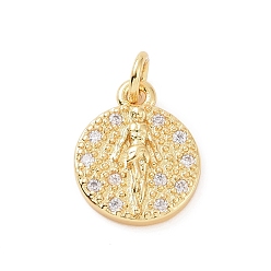 Oro Micro latón allanan encantos de circonio cúbico, con anillo de salto, plana redonda con colgante de niña, dorado, 13x10.5x2.5 mm, agujero: 2.8 mm