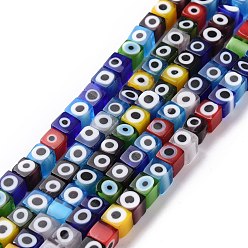 Color mezclado Abalorios de colores vario hechos a mano, cubo con mal de ojo, color mezclado, 5.5x5.5x5.5 mm, agujero: 0.7 mm, sobre 64 unidades / cadena, 14.37'' (36.5 cm)