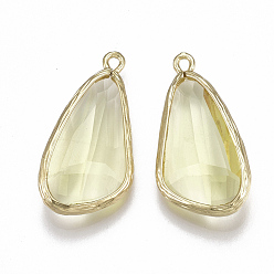 Light Yellow Glass Pendants, with Brass Findings, Faceted, teardrop, Golden, Yellow, 28.5x14x6mm, Hole: 1.5mm