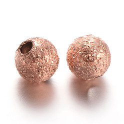 Or Rose Perles rondes en laiton texturées, or rose, 4mm, Trou: 1mm