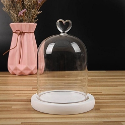 Blanc Couvercle de dôme en verre transparent en forme de cœur, vitrine décorative, terrarium cloche cloche avec base en bois, blanc, 90x140mm
